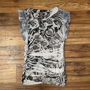 Candy Couture Y2K Ruched Graphic op Black Grey Rose Rhinestone Lace Women Small